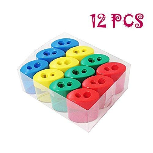 Finico 12 PCS Double Hole Pencil Sharpener,Double Holes Triangular Shape Pencil Sharpener With Cover and Receptacle for School and Work，Two Hole Pencil Sharpener（Green, blue, yellow, red）