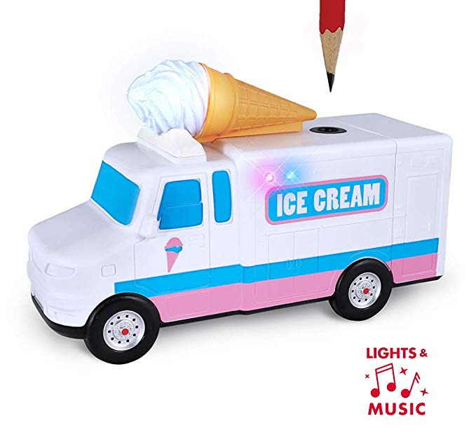 Amazeko Ice Cream Truck Electric Pencil Sharpener with Lights and Sounds for Kids. Includes Carbon Steel, Batteries, Pencil, and Gift Box. Free Two-Day Shipping.