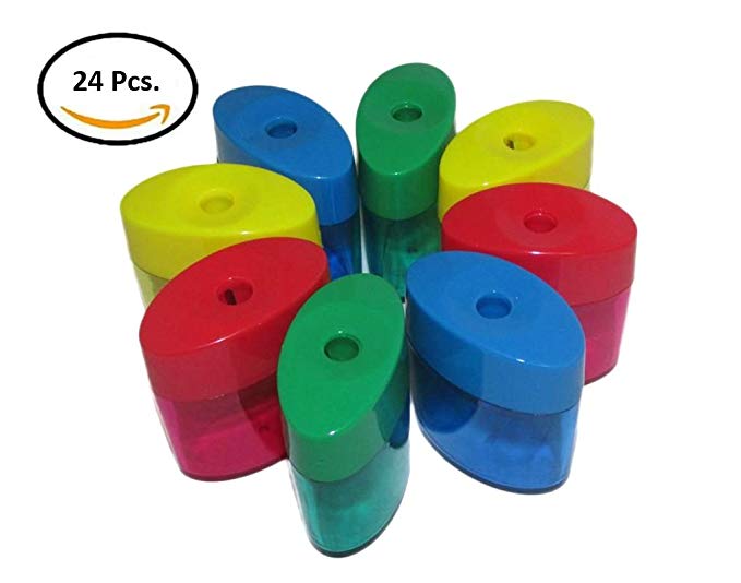 Mega Set Of 24 Single Hole Triangular Shaped Pencil Sharpener With Cover and Receptacle! Comes In Red, Blue, Yellow, and Green Colors! By Mega Stationers