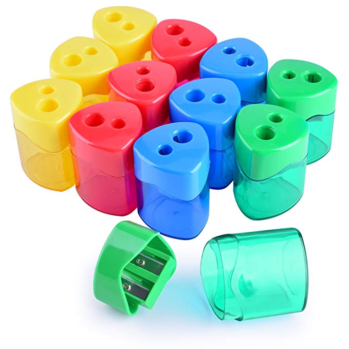 WXJ13 4 Colors Double Hole Manual Pencil Sharpener with Cover for Office and School, Pack of 12