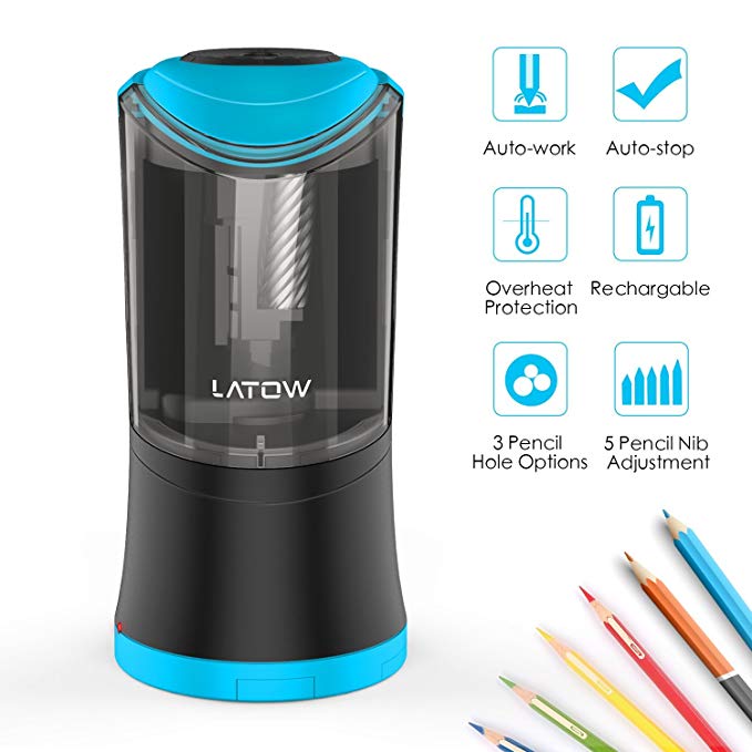 Electric Pencil Sharpener with Durable Helical Blade to Fast Sharpen, LATOW USB Rechargeable Auto Stop Sharpener for 6-12mm Diameter Pencils, Suitable for School Office Home (Battery Included)