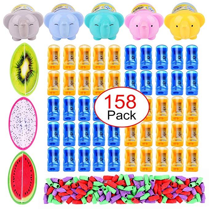 Plastic Pencil Sharpener Eraser Caps-50 Pcs Manual Pencil Sharpener, 5 Pcs Cartoon Pencil Sharpener, 3 Pcs Fruit Shape Pencil Sharpener with 100 Pcs Pencil Top Eraser Caps for Kids Learning