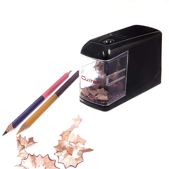 CUZTER Electric Pencil Sharpener. Best for Kids-Classroom-Home & Office. Power your sharpener with the included USB cable or 4AA batteries (not included). Powerful & portable. Satisfaction Guaranteed.