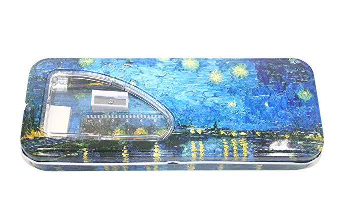 DaHo Tin Pencil Case with Pencils, Ruler, Eraser and Sharpener inside (Starry Night Over the Rhone)