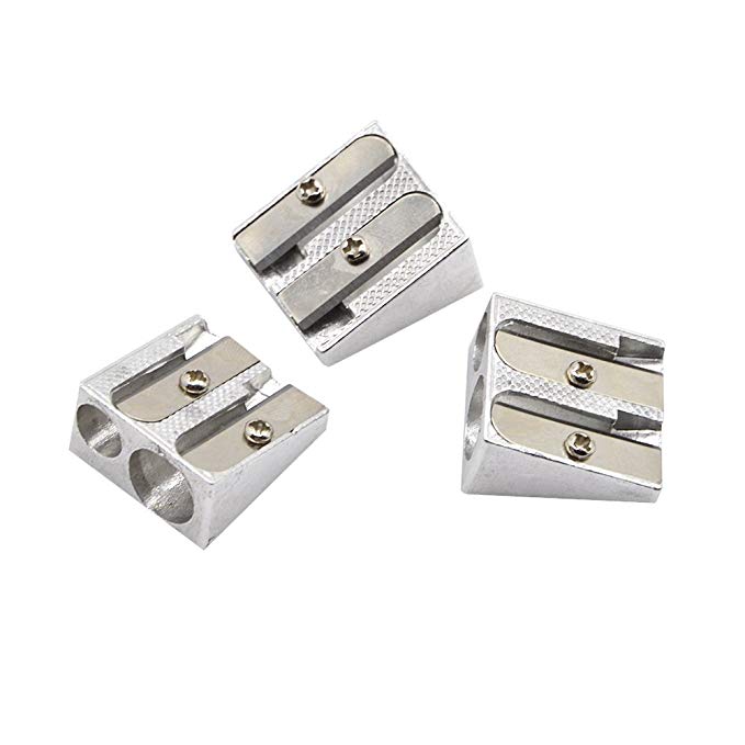 EzSos Pencil Sharpener Manual, Metal Double Hole Colored Pencil Sharpener for Students Artist Drawing Writing Painting, Aluminum Alloy, Silver, 3pcs/Pack