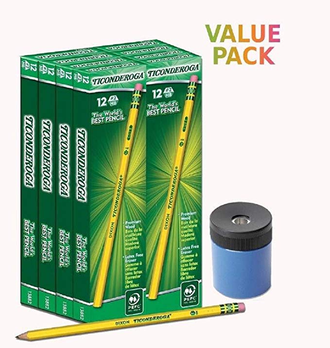 **VALUE PACK** Dixon Ticonderoga Wood-cased #2 Hb Pencils, Box of 96, Yellow (13882) + Manual Pencil Sharpener