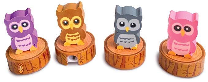 The Piggy Story Woodland Owl Set of 4 Pencil Sharpeners with Die-Cut Erasers