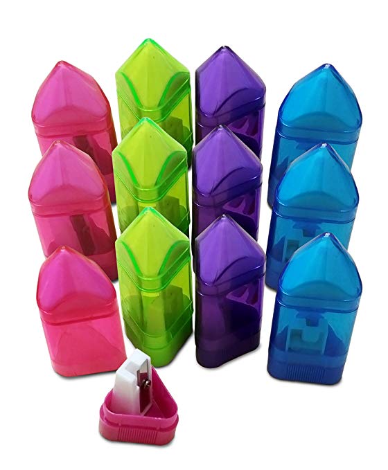 Mega Set Of 12 Crayon Shaped Pencil Sharpeners W/ Eraser - Cover & Receptacle For Dirt Shaving - Pink, Blue, Green, and Purple - Perfect Kids, Students, Girls Gift!