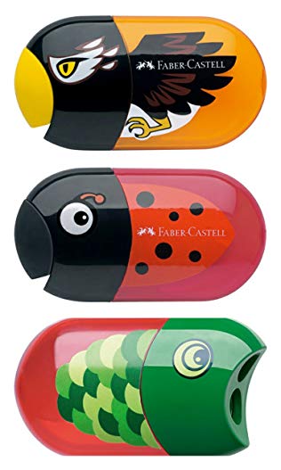 Faber-Castell Cute Pencil Sharpeners for kids friendly design, Twin hole sharpener for graphite pencils, colored pencils, crayons - 3 assorted design
