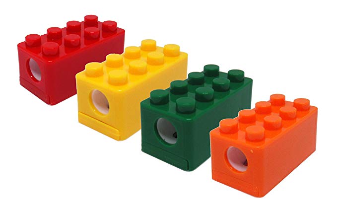 Brick Block Pencil Sharpeners Bulk - Connects Stacks Building Blocks for Kid School - Smart Handheld Manual Assortment Pack Jumbo (4 pcs, Assorted Colors)