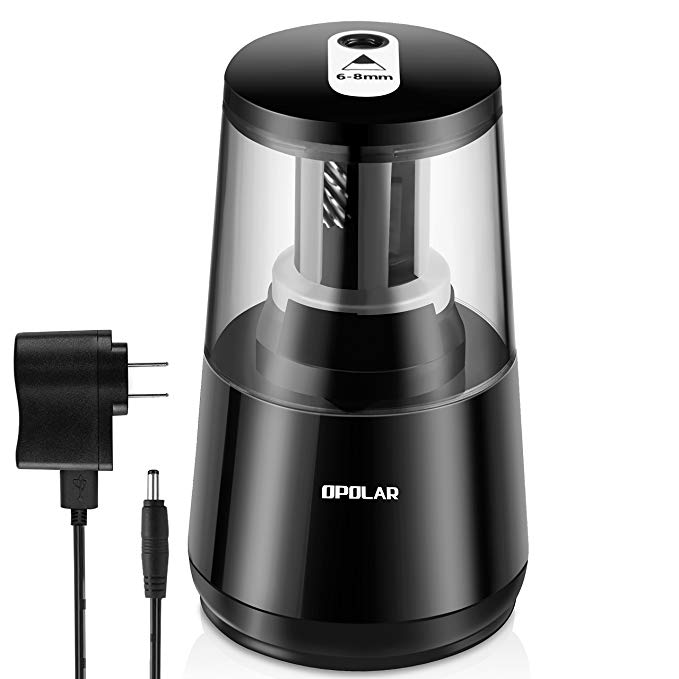Electric Pencil Sharpener, Smart Stop, Clean on Top, USB or AC or 4 AA Batteries Operated, Included Adapter and USB Cable,Heavy Duty Helical Blade Sharpener, Safety Device