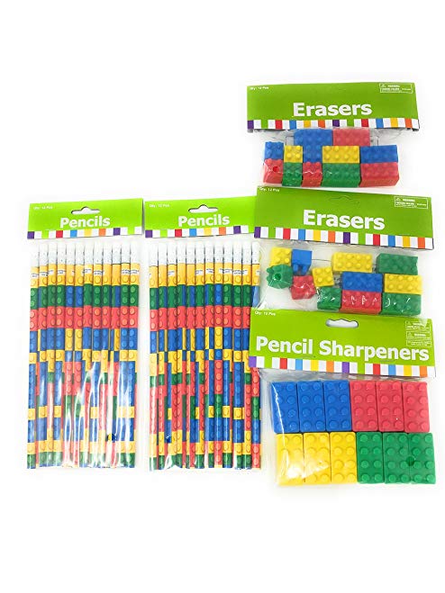 Brick Pencil Bundle: Two Sets of Brick Pencils, Two sets of Brick Erasers, One set of Brick Pencil Sharpeners